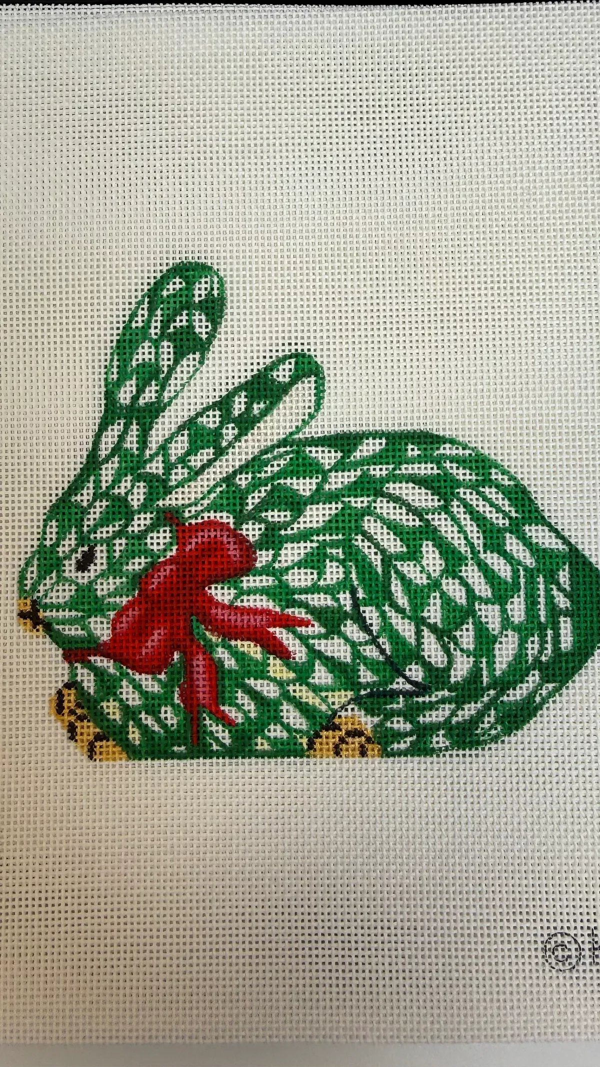 Crouching bunny Green with Red Ribbon Ornament XO-92