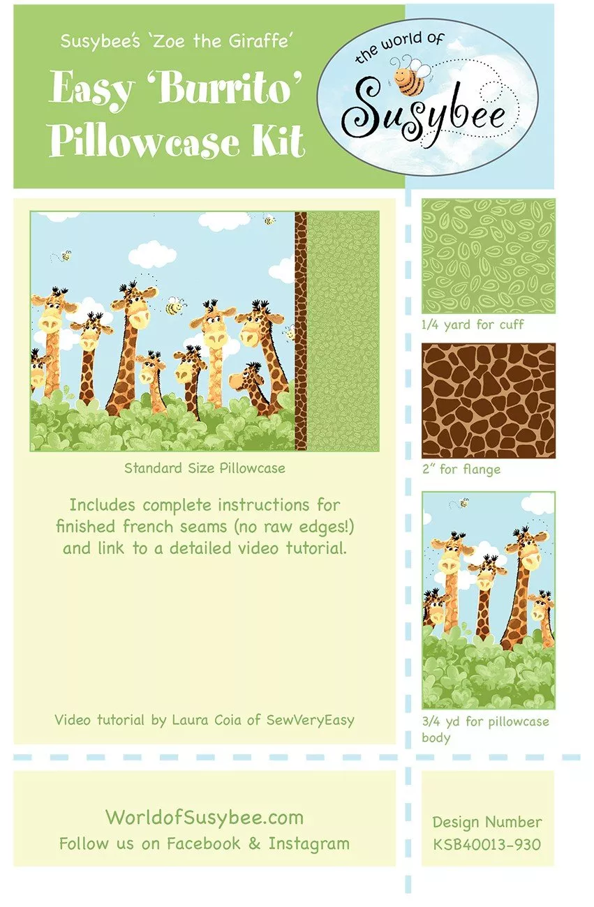Zoe The Giraffe FabricBurrito Style Pillowcase Kit from Susybee